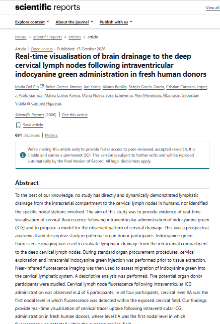 Captura del artículo científico sobre drenaje linfático cerebral publicado en Scientific Reports con participación de la Dra. María del Río