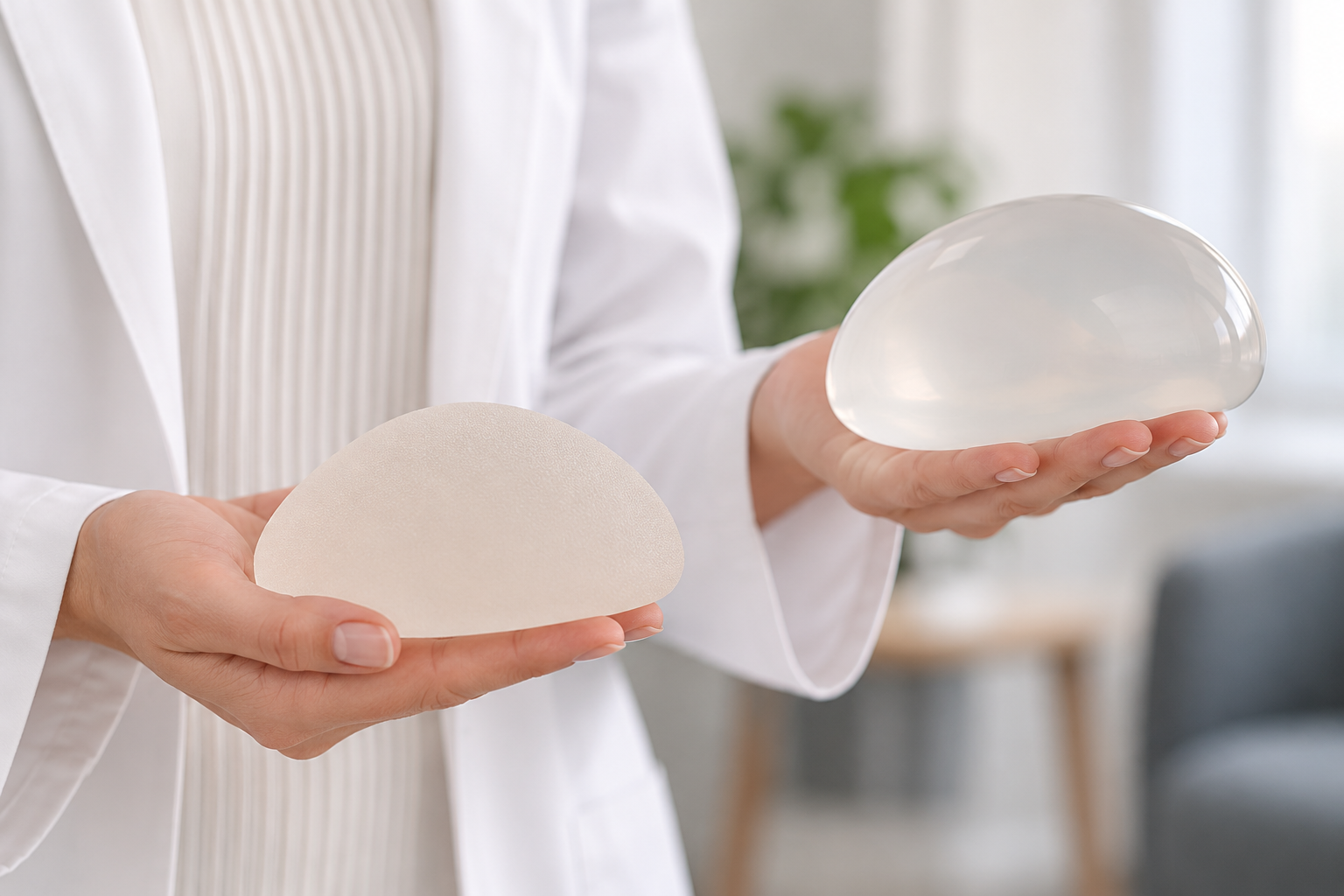 Prótesis mamarias para aumento de pecho | Barcelona Profesional sanitario mostrando dos modelos de prótesis mamarias para cirugía de aumento de pecho en Barcelona